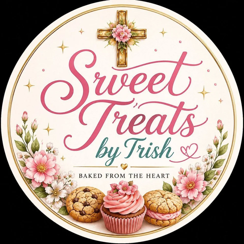 Official Sweet Treats by Trish logo, with flowers, cookies and a cupcake