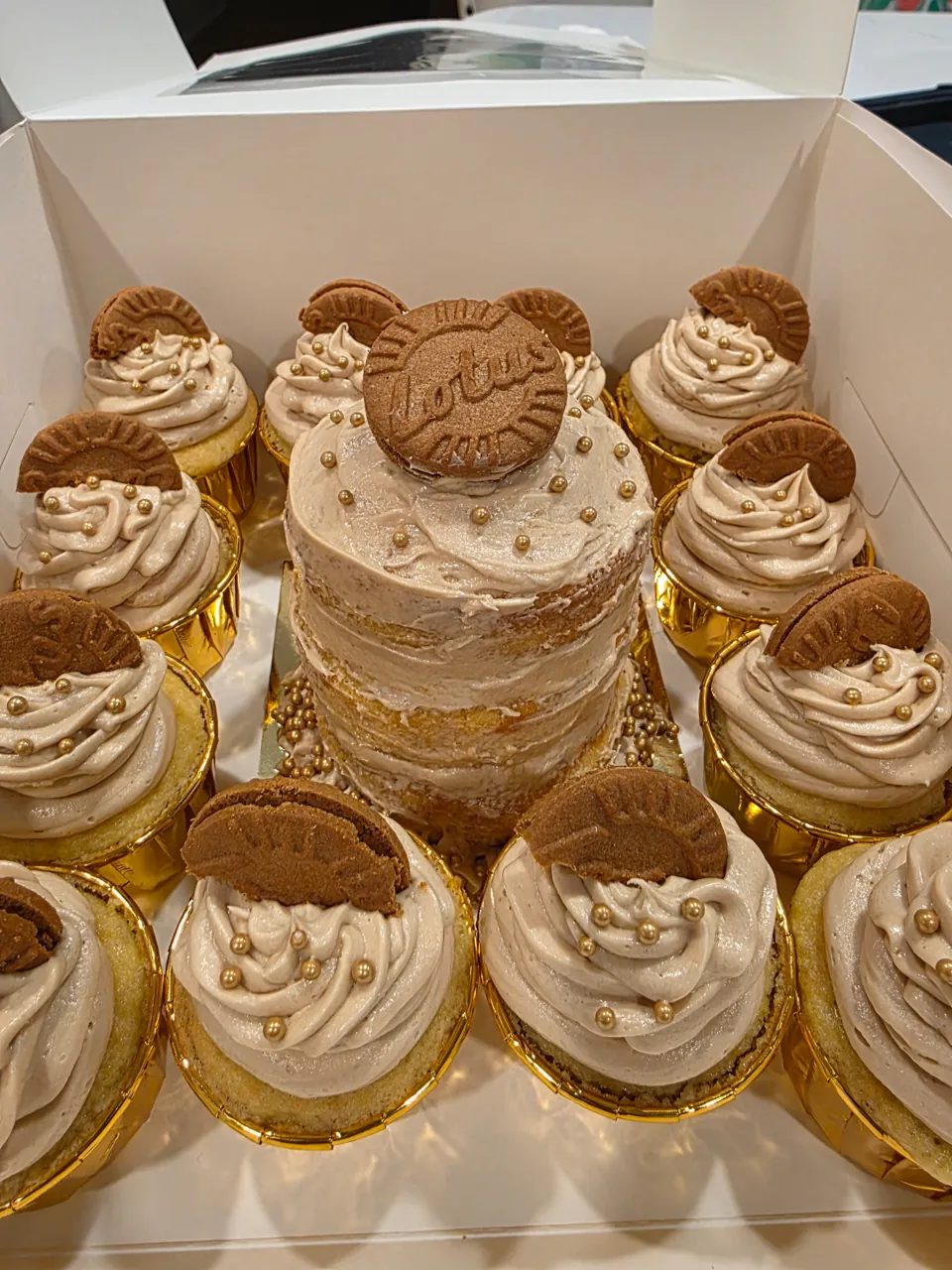 Trish’s decorated cake surrounded by matching cookie-topped cupcakes