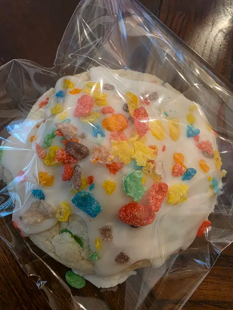 A colorful frosted cookie